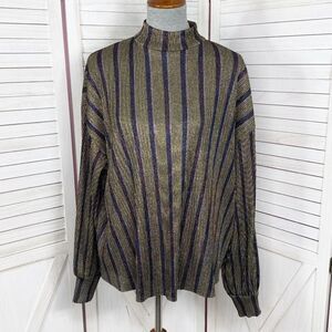 Zara Metallic Striped Crinkle Mock Neck Blouse Gold Multi Small‎